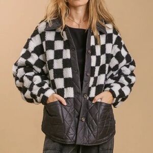 Umgee Checkered Black and White Women's Puffer Button Up Jacket